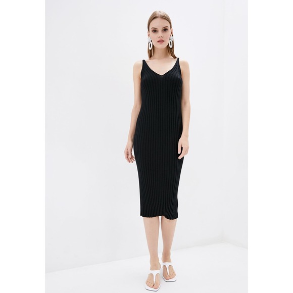 DASTI Knit Black Dress Ribbed Bodycon Midi Sweater Sleeveless V-Neck Knitted - Picture 2 of 6
